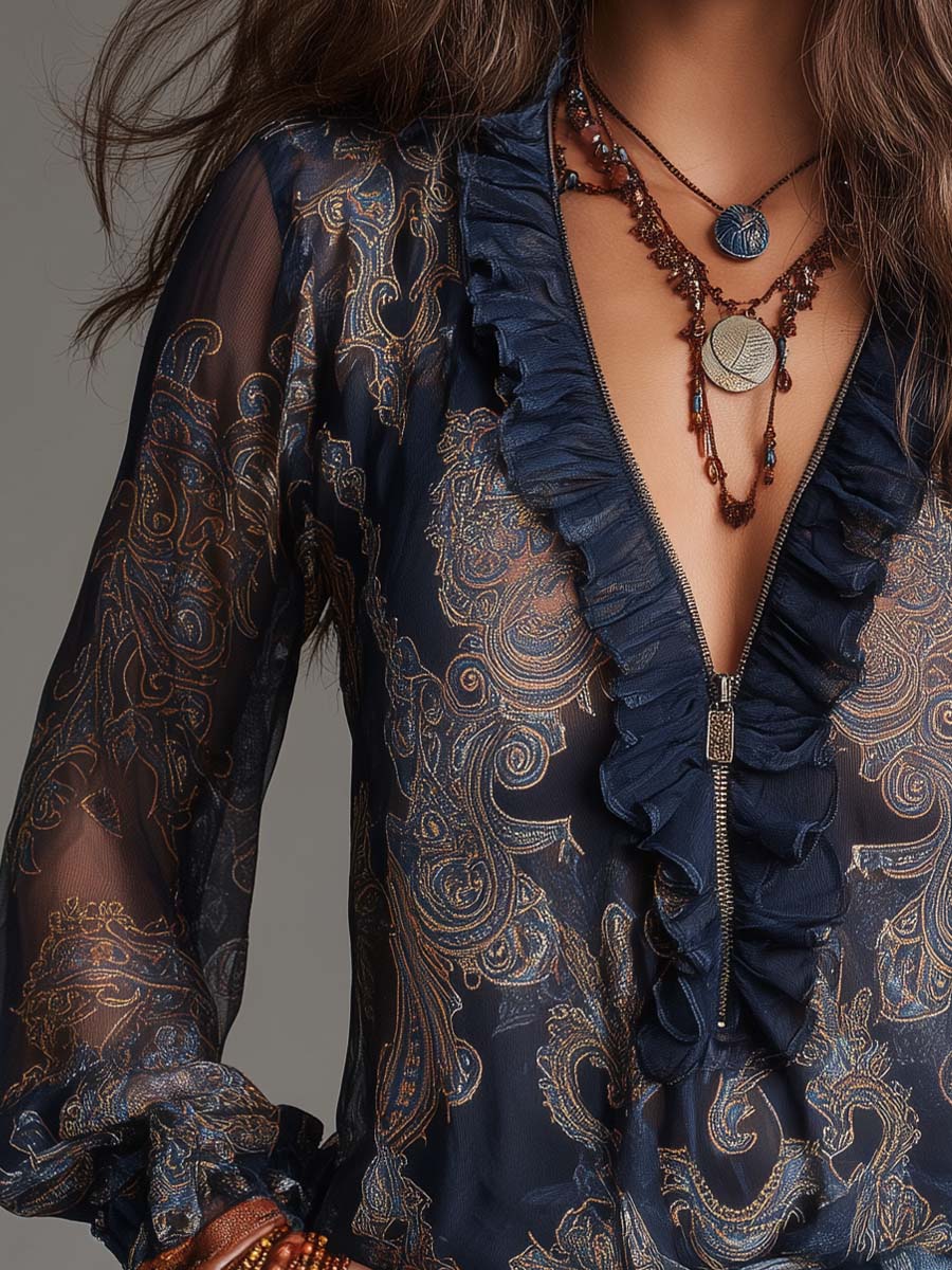 Navy Baroque Paisley Ruffle Zip Chiffon Blouse