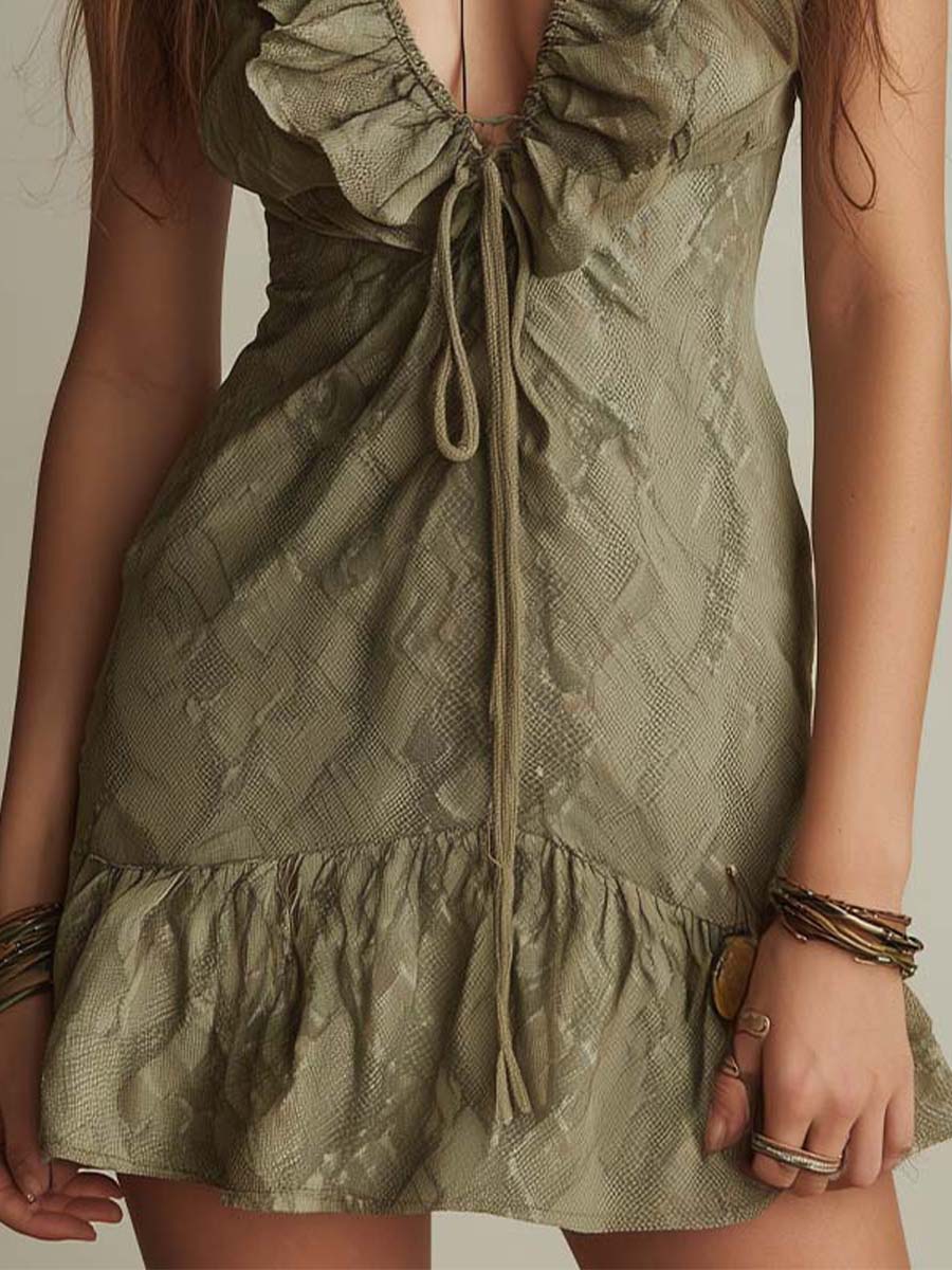 Ruffled Tie-Front Textured Snake-Print Mini Dress