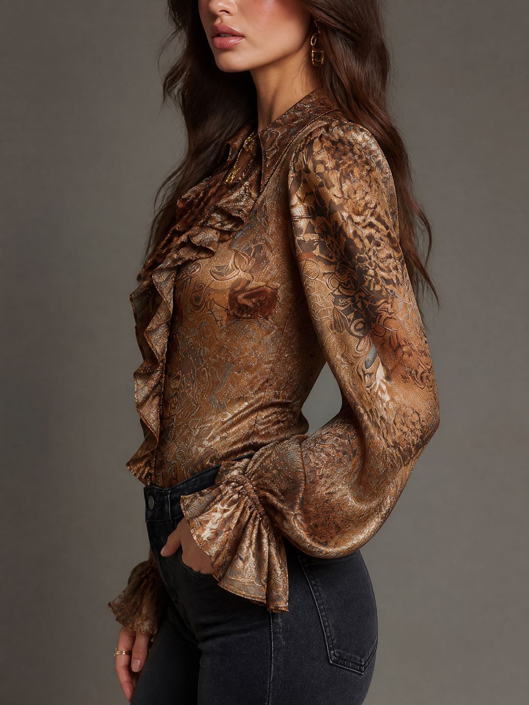 Vintage Paisley Print Satin Ruffled V-neck Blouse