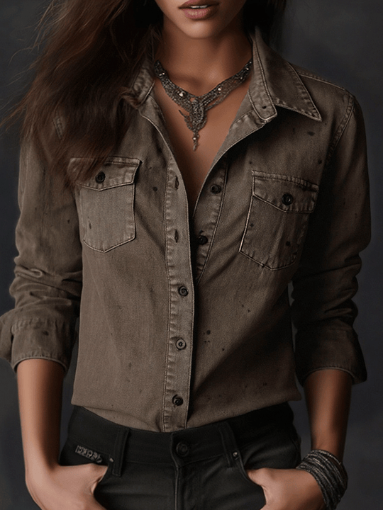 Vintage Washed Taupe Western Slim Fit Button-Down Shirt