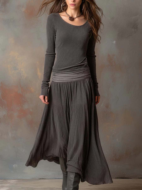 Vintage Ribbed Knit Maxi Dress In Charcoal Gray
