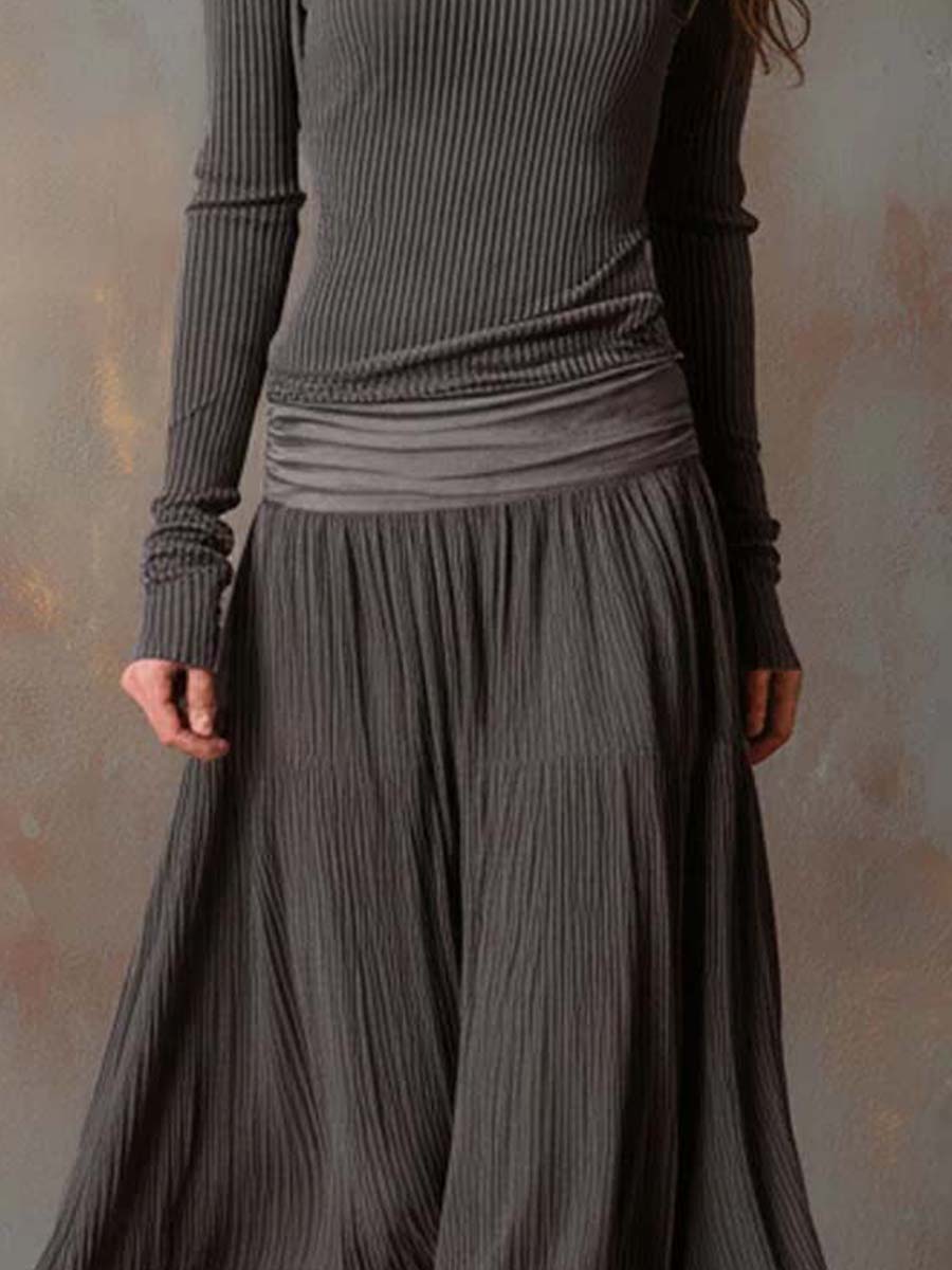 Vintage Ribbed Knit Maxi Dress In Charcoal Gray