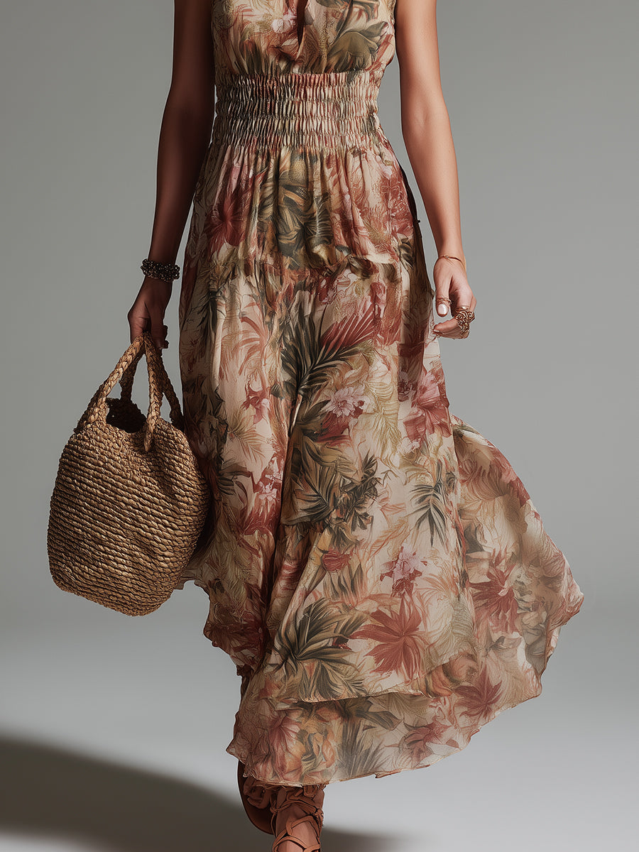 Tropical Rainforest Print Keyhole Maxi Dress