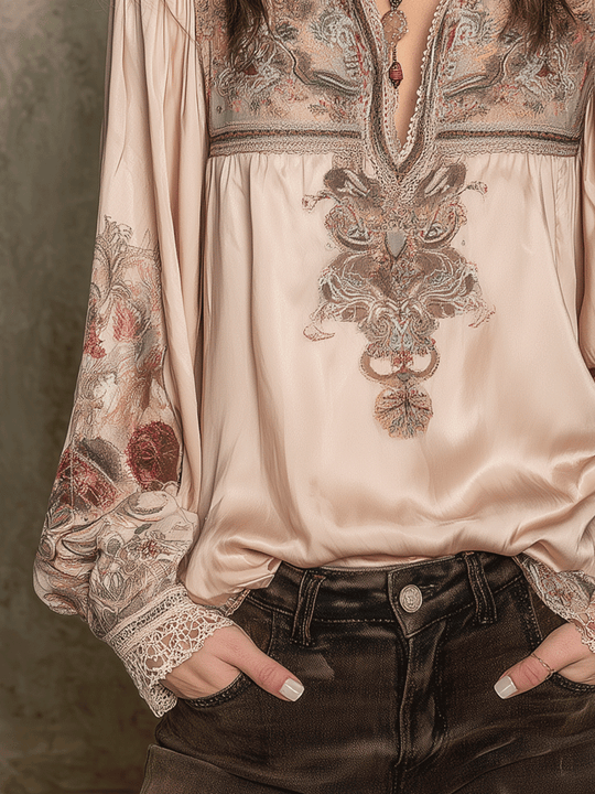 Romantic Boho Cream Printed Lace-Trim Blouse