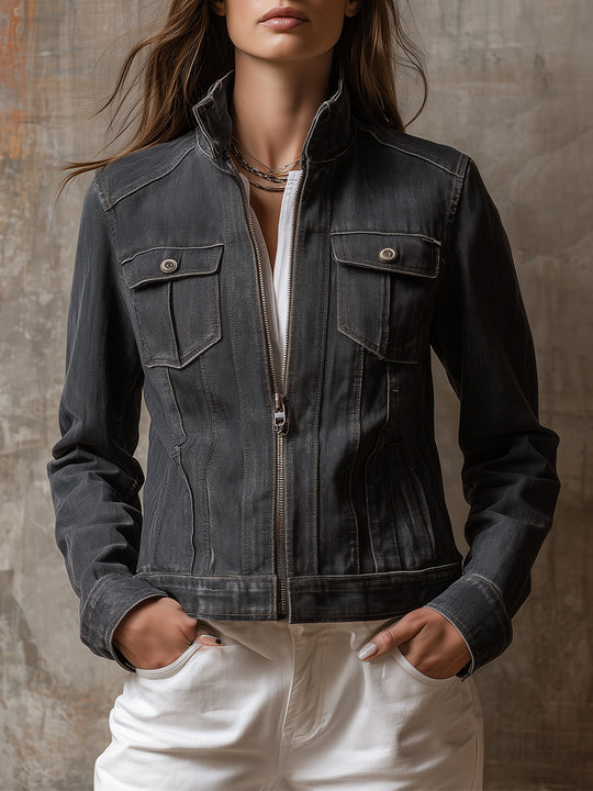 Boho Washed Stand Collar Straight Denim Jacket