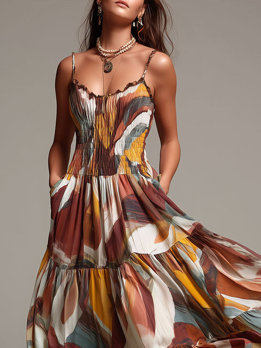 Boho Abstract Multicolor Smocked Bodice Maxi Dress