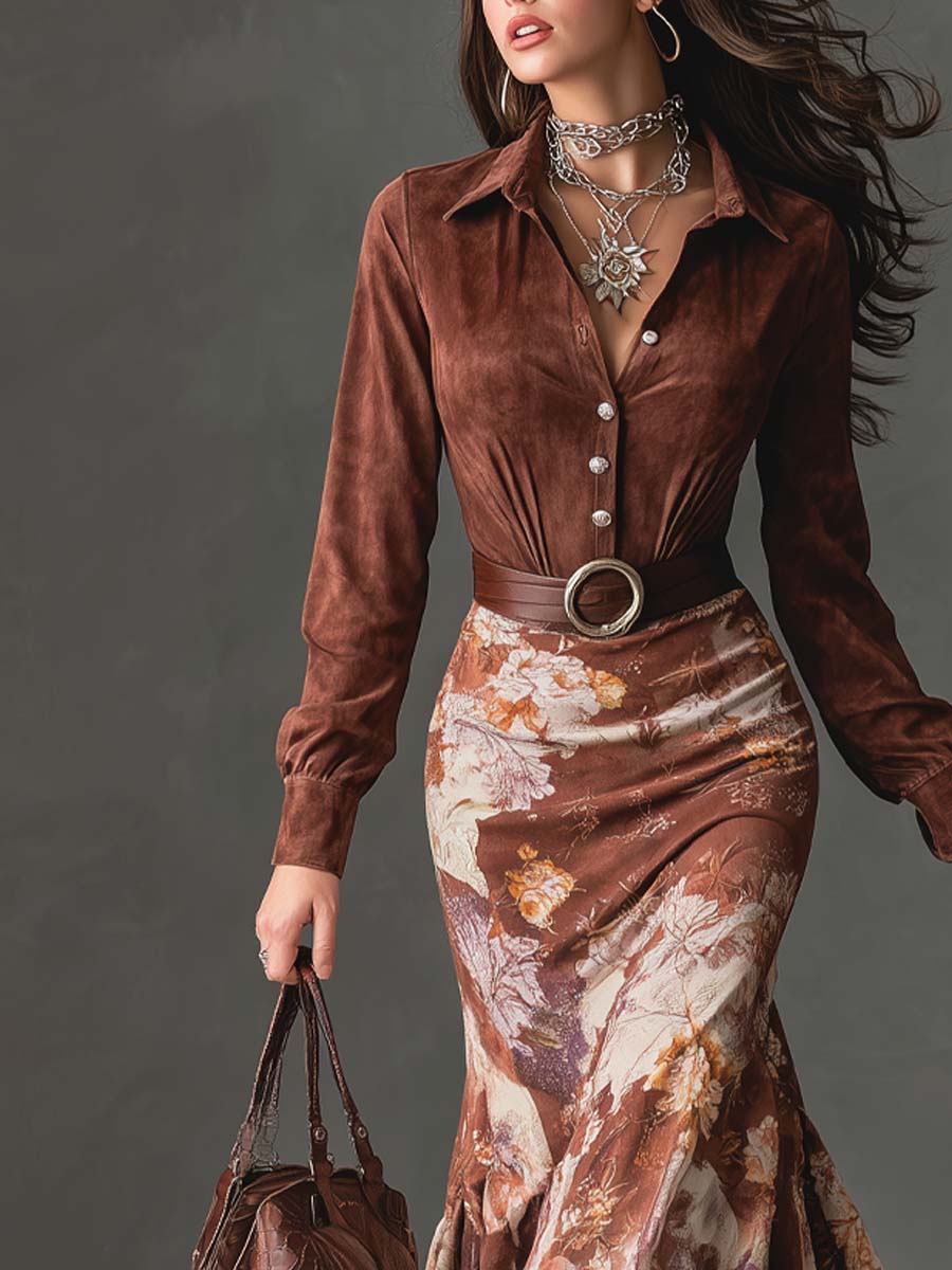 Vintage Floral Flare Hem Polyester Suede Maxi Dress