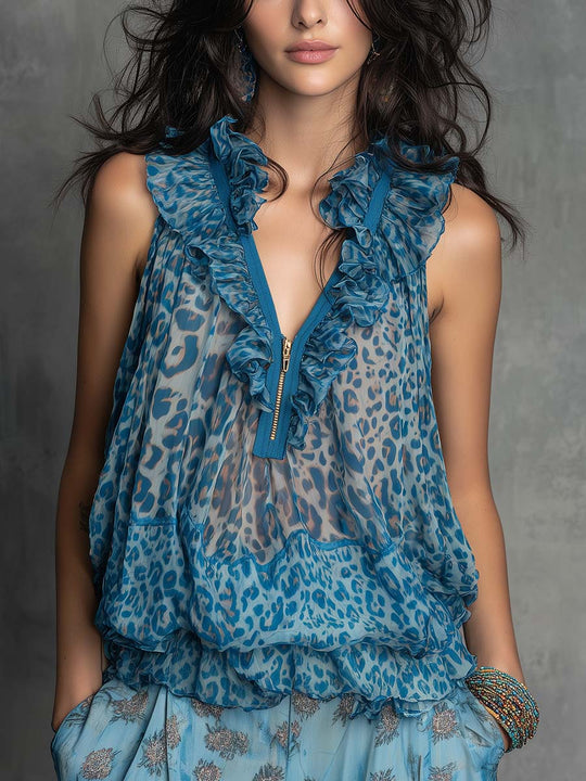 Boho Leopard Print Ruffle Chiffon Sleeveless Top