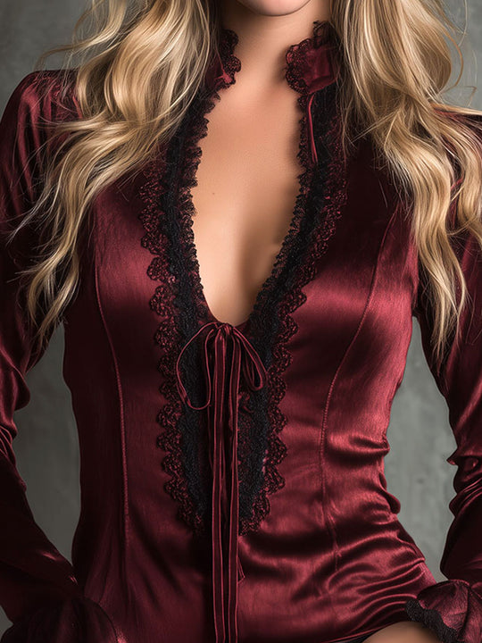 Romantic Burgundy Velvet Lace-Trim Blouse With Flared Sleeves