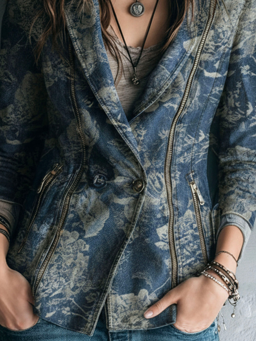 Vintage Blue Floral Double-Breasted Denim Blazer