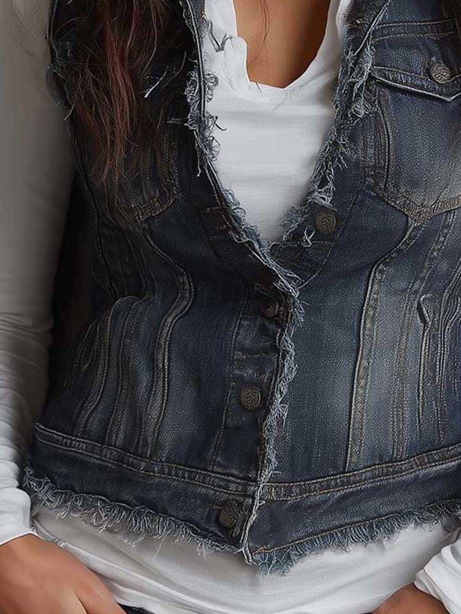 Vintage Washed Pure-Cotton Denim Vest