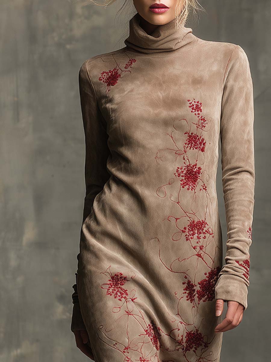 Vintage Embroidered Polyester Suede Midi Dress