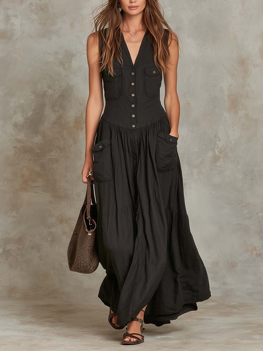 Retro Flap Pocket Cotton Linen Maxi Dress