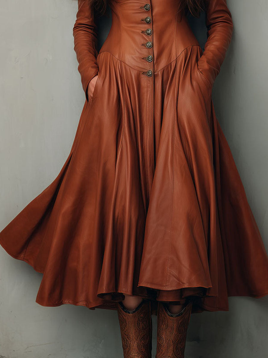 Vintage Button Chestnut Eco Leather Fit-and-Flare Midi Dress