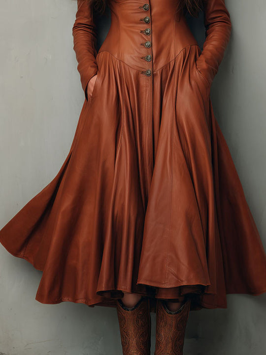 Vintage Button Chestnut Eco Leather Fit-and-Flare Midi Dress