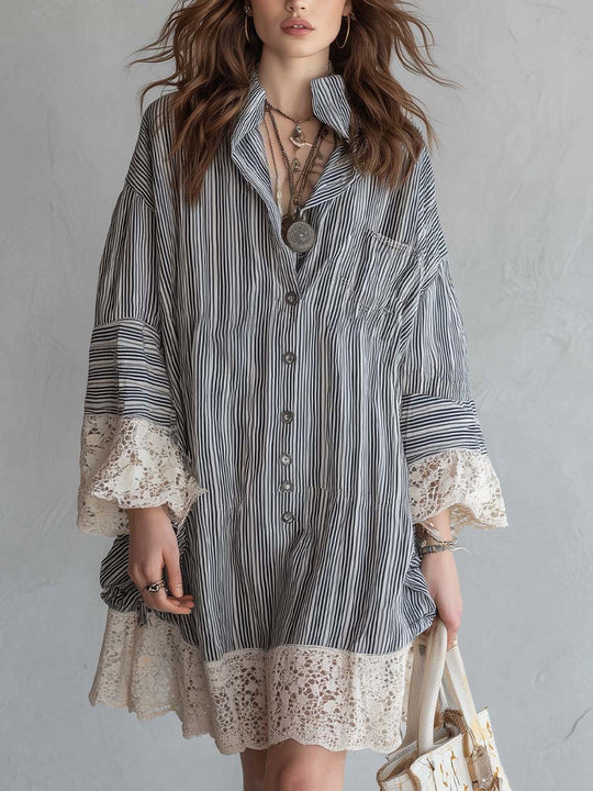 Bohemian Casual Striped Button Shirt Dress With Lace Trim