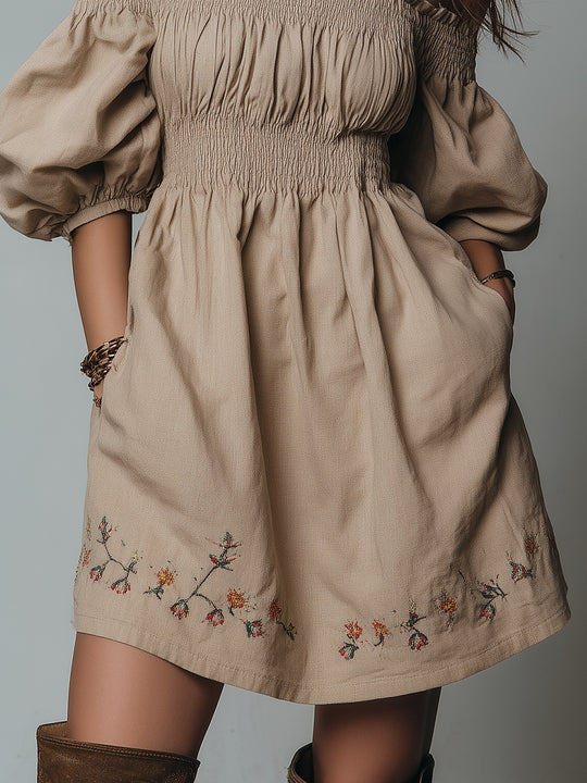 Off-the-shoulder Embroidered Shirred Cotton Blend Mini Dress