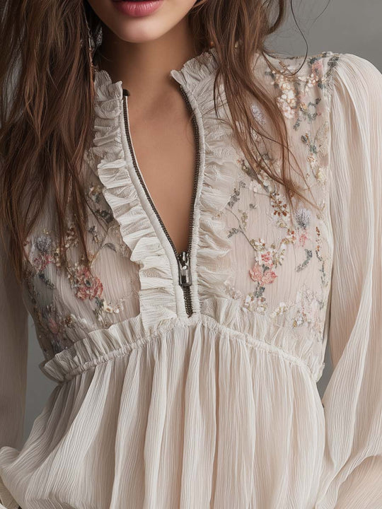 Bohemian Embroidered Ruffled Chiffon Blouse