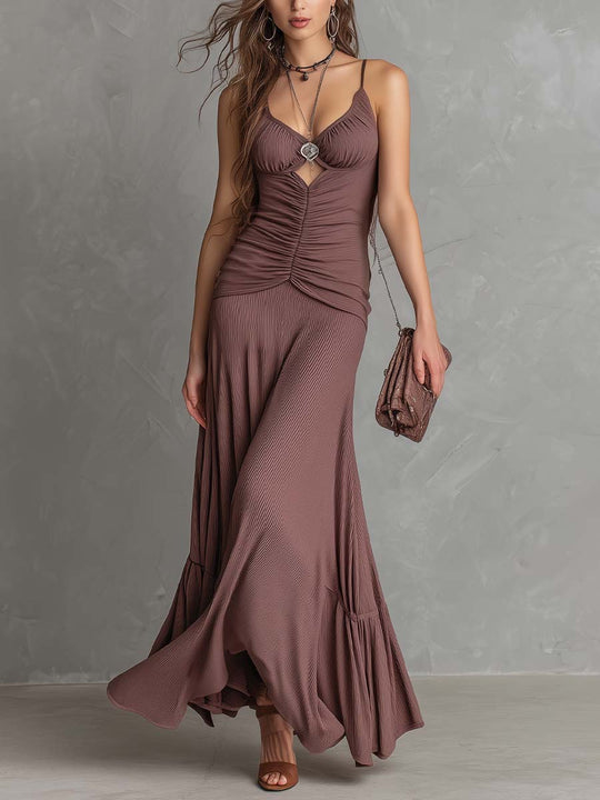 Ribbed Ruched Spaghetti-Strap Maxi Dress