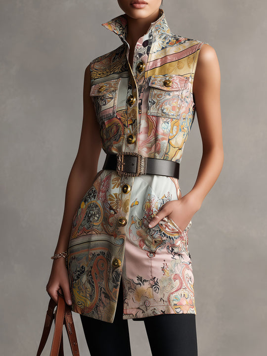 Retro Baroque Print Satin Sleeveless Shirt Dress