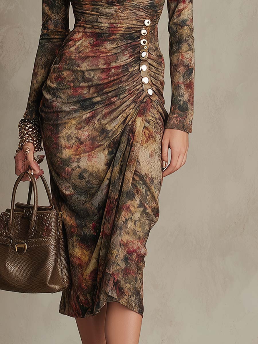 Vintage Floral Cowl Neck Metal Button Waist Midi Dress