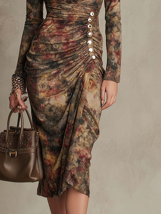 Vintage Floral Cowl Neck Metal Button Waist Midi Dress