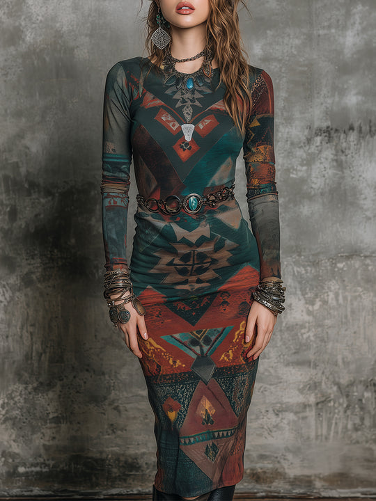 Bohemian Ethnic Style Printed Slim Knitted Midi Dress