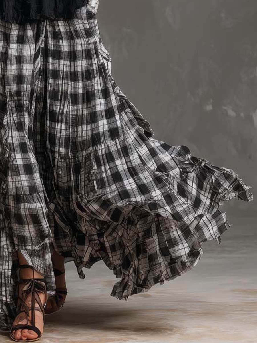 Ruched Tank Top & Plaid Maxi Skirt Two-Piece Set