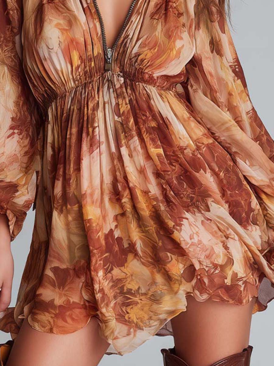 Floral Chiffon Zip-Front Mini Dress