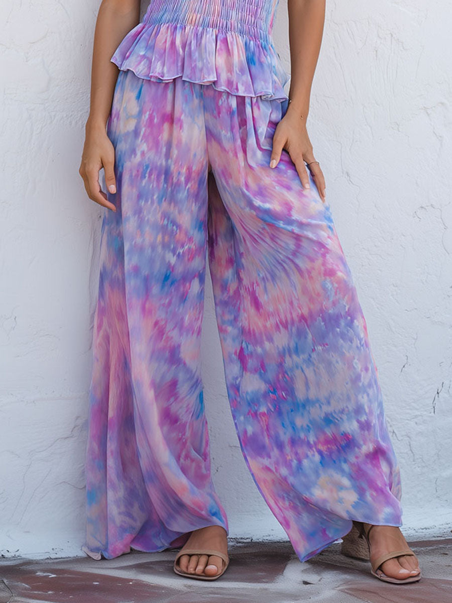 Boho Pastel Tie-Dye Smocked Halter Top & Wide-Leg Pants Set