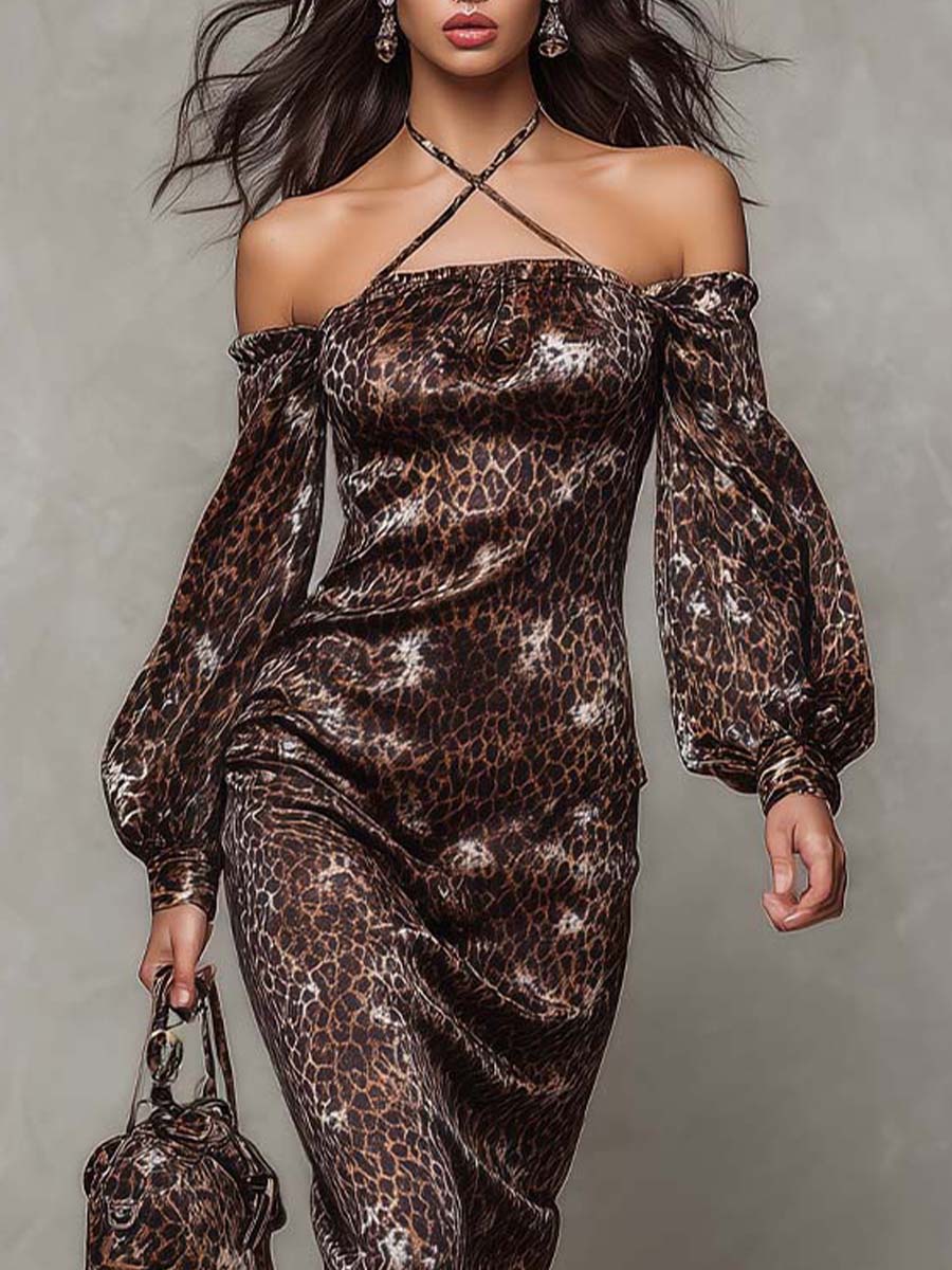 Mocha Leopard Stretch Satin Off-Shoulder Midi Dress