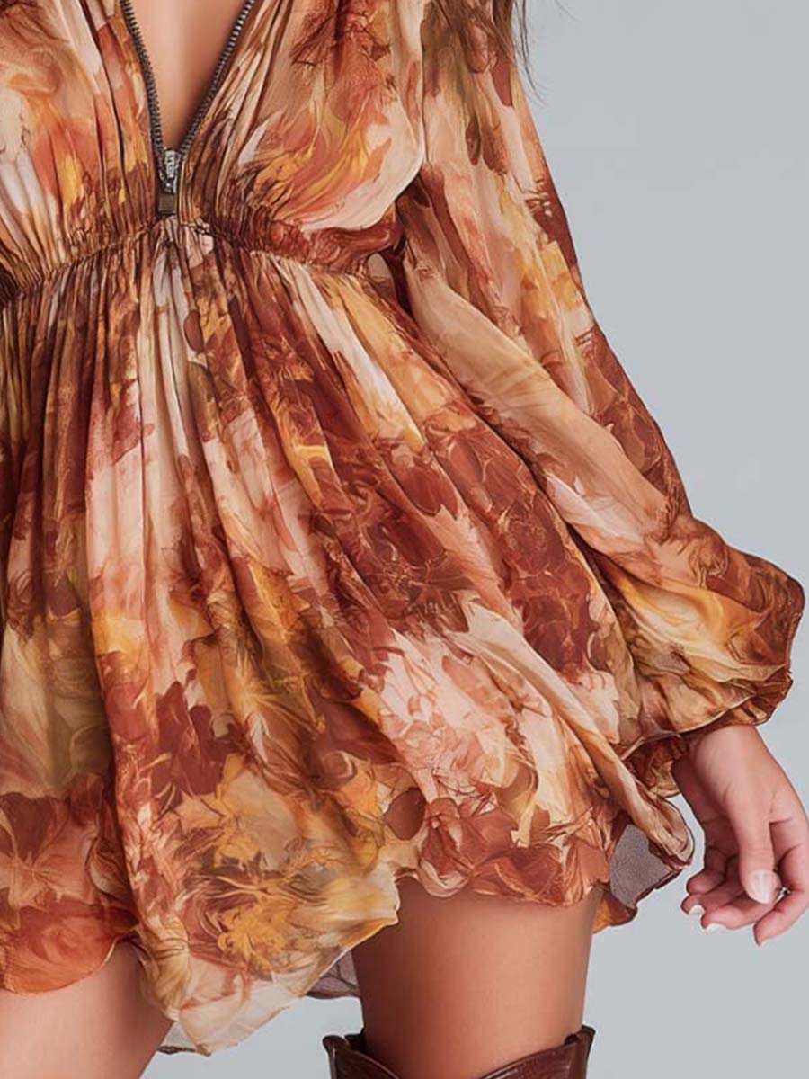 Floral Chiffon Zip-Front Mini Dress