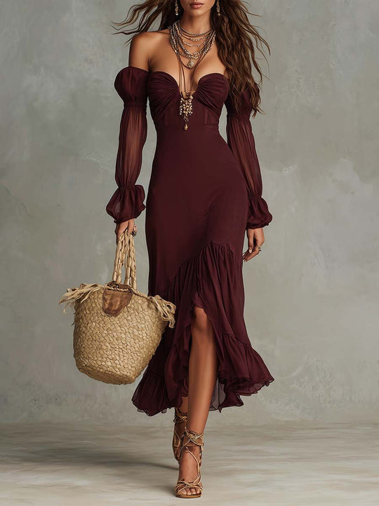 Burgundy Off-Shoulder Long Sleeve Maxi Dress
