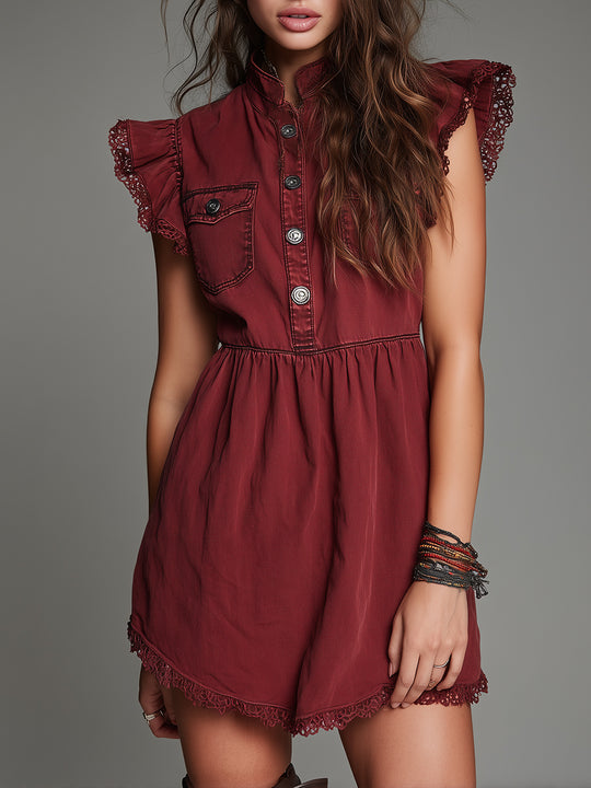 Vintage Washed Denim Mini Dress With Lace And Ruffled Sleeves