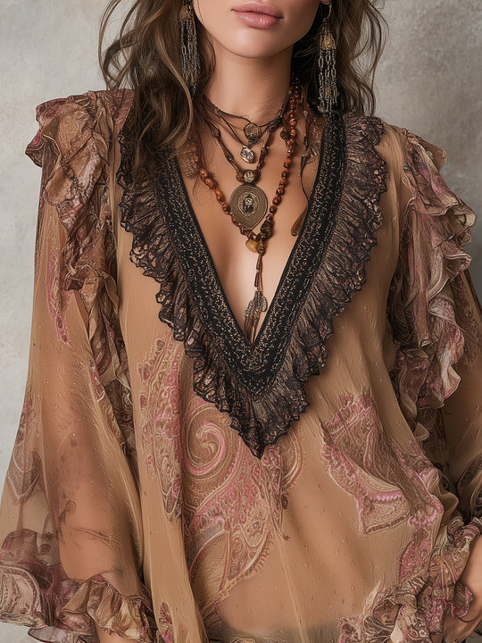 Bohemian Paisley Print Chiffon Blouse With Ruffles