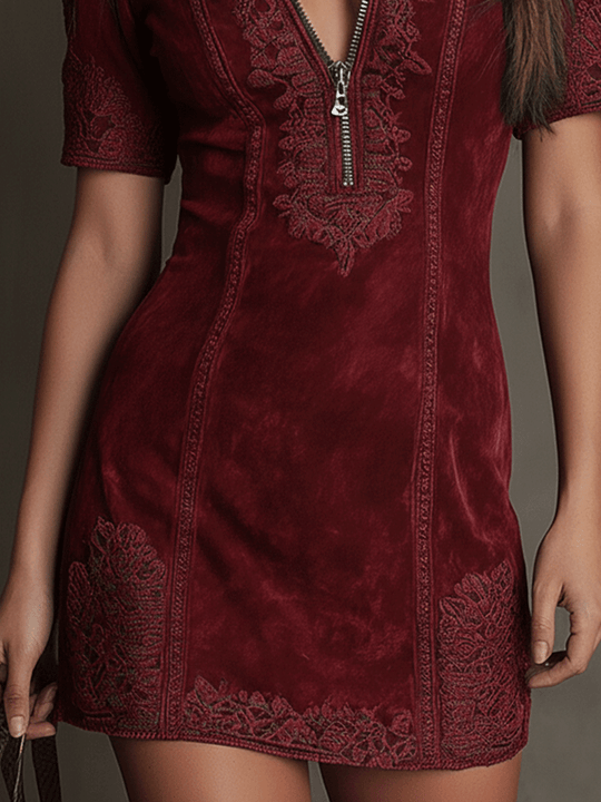Vintage V-Neck Burgundy Suede Lace-Trim Mini Dress