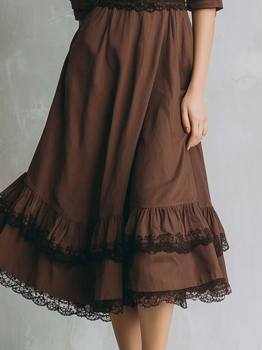 Retro Cotton Linen Color-blocked Lace-trimmed Midi Dress