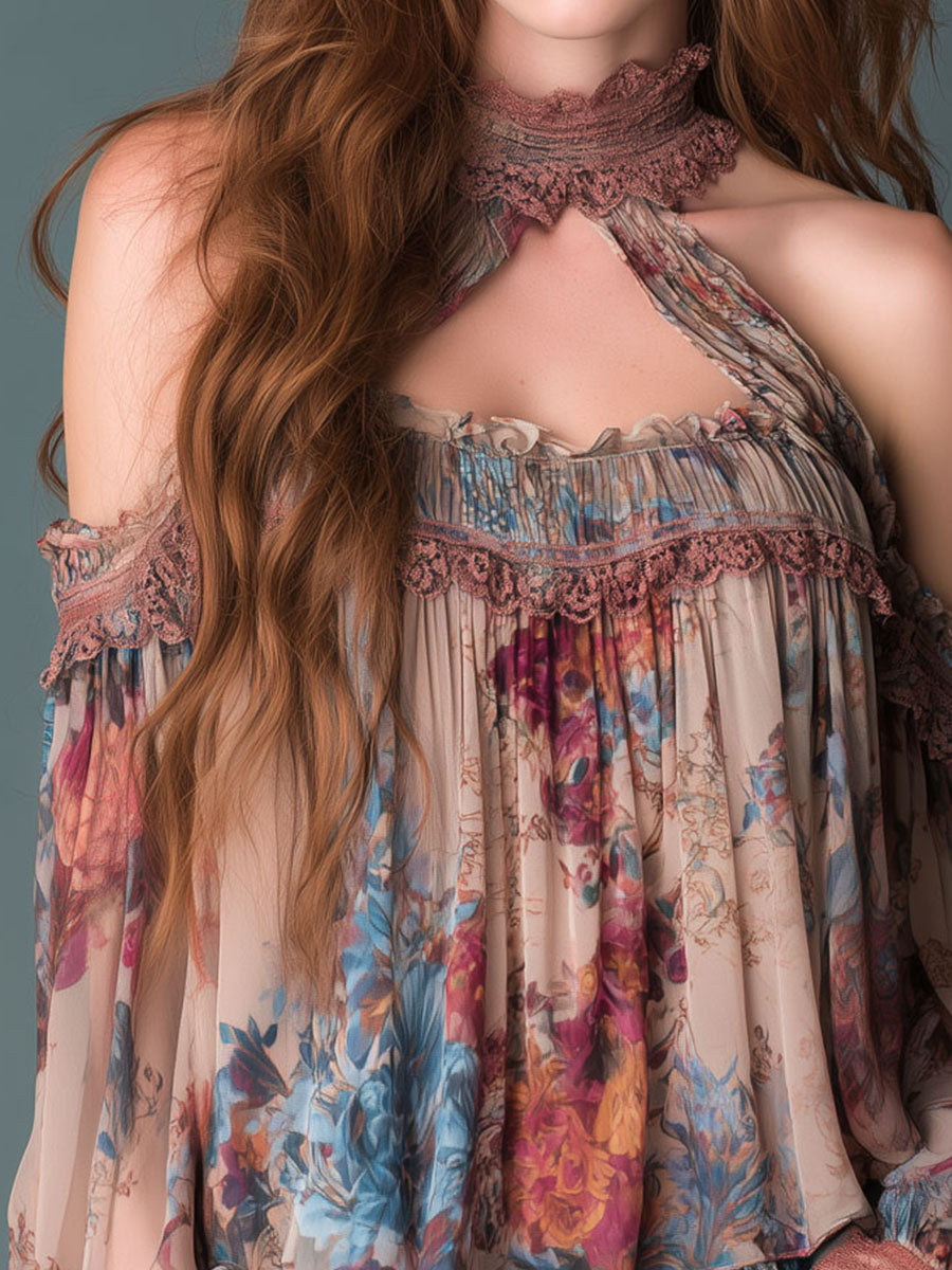 Boho Blush Floral Chiffon Cold-Shoulder Halter Blouse