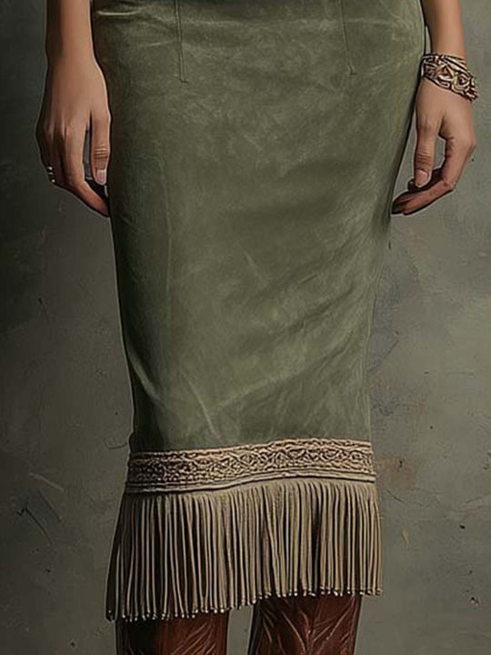 Embroidered Fringe-Hem Sleeveless Midi Dress
