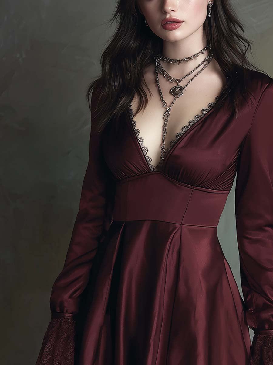 Retro Flare Hem Lace Trim Polyester Satin Mini Dress