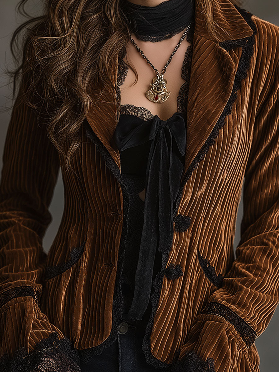Vintage Luxe Amber Velvet Pleated Jacket With Black Lace Trim