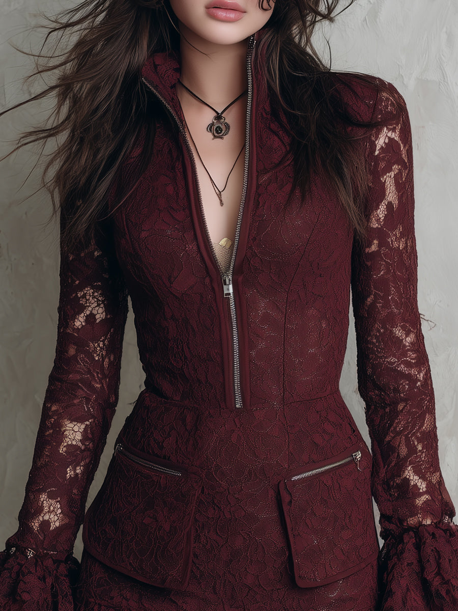 Bohemian Lace Ruffled Cuffs Patch Pocket Mini Dress