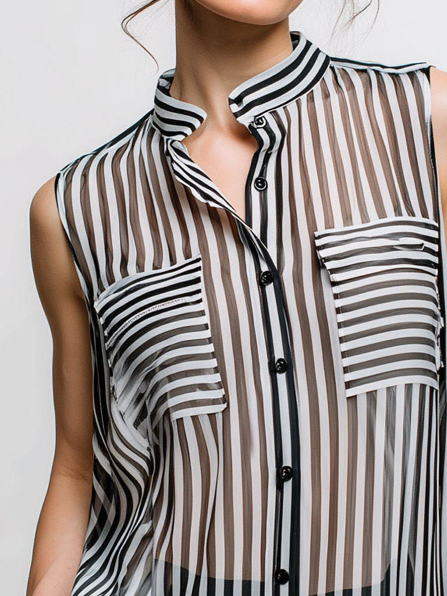 Stylish Black And White Sheer Vertical Stripe Mandarin Collar Blouse