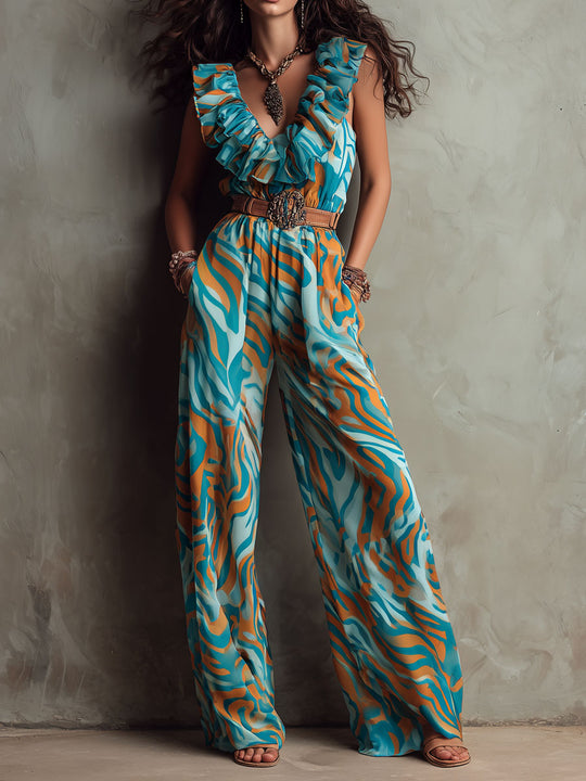 Boho Teal And Amber Waves Ruffled V-Neck Printed Jumpsuit