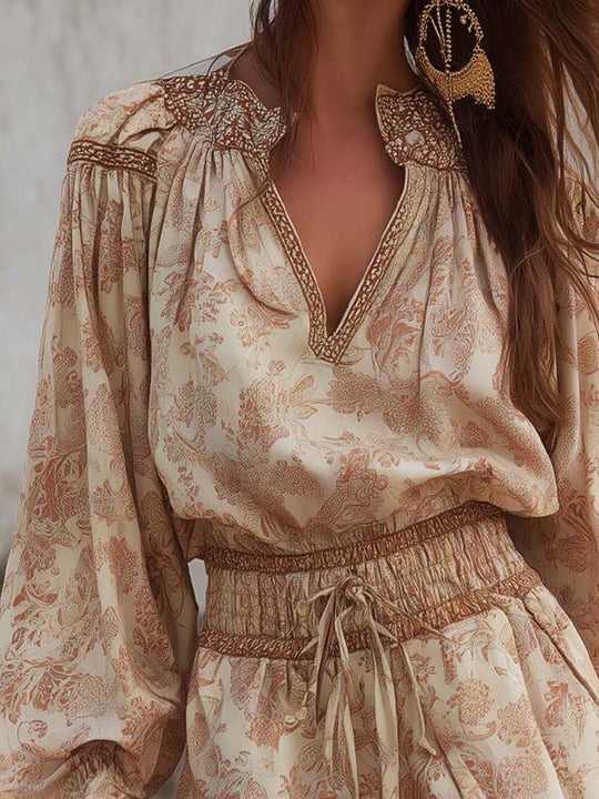 Bohemian Halter Leaf Print Striped Wide Leg Jumpsuit