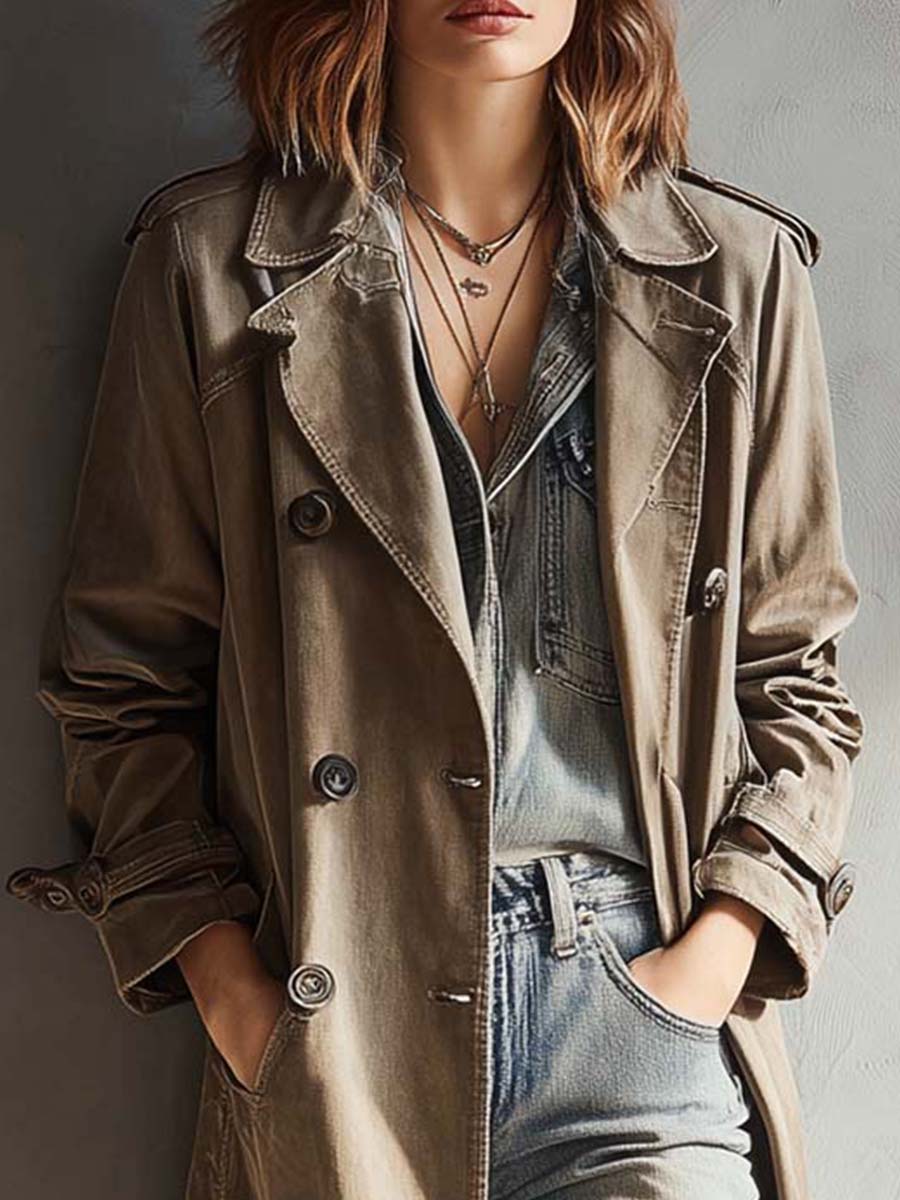 Washed Olive Pure-Cotton Denim Trench Coat