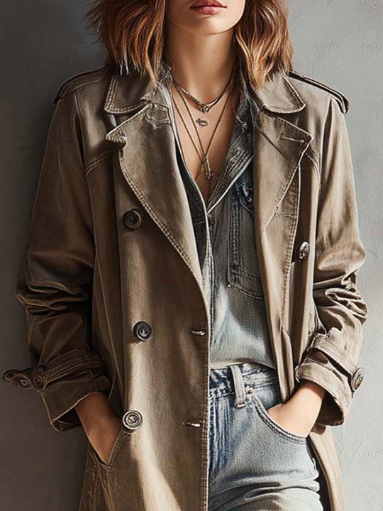 Washed Olive Pure-Cotton Denim Trench Coat