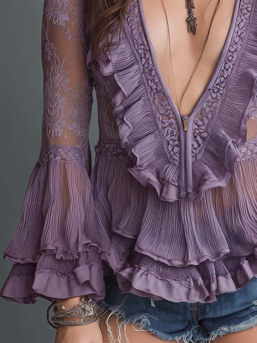 Romantic Bohemian Dusty Lavender Lace Ruffle Bell Sleeve Top