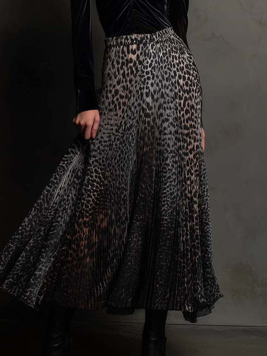 Velvet And Leopard Pleated Patchwork Midi Dress With Ruched Bodice