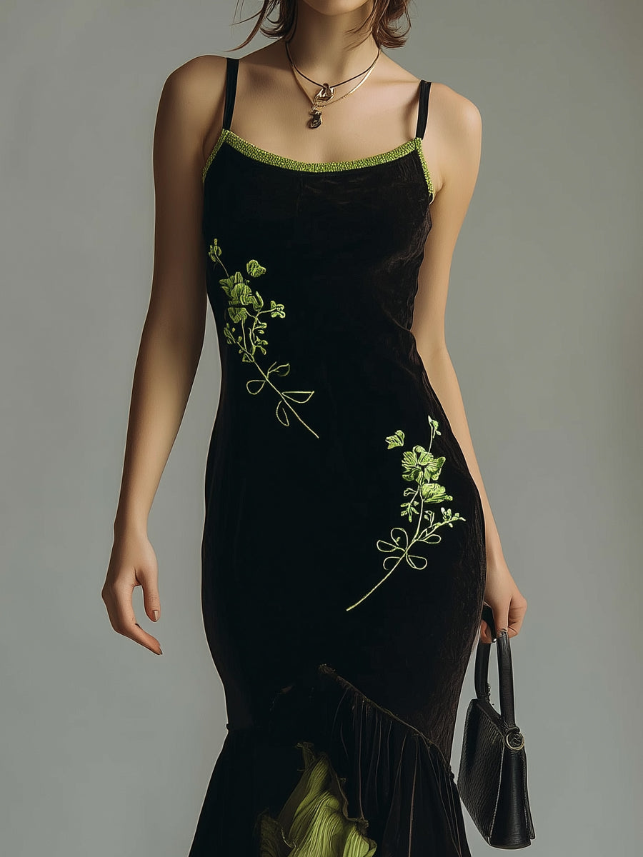 Embroidered Polyester Velvet Patchwork Fishtail Midi Slip Dress